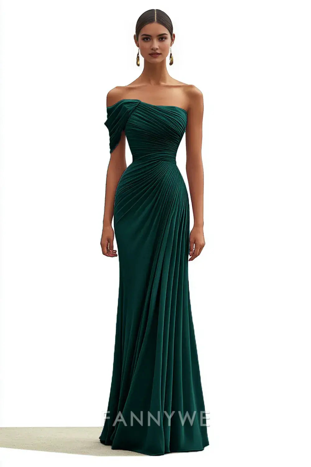 FannyWe Elegant Mermaid Dark Green One Shoulder Pleated Long Formal Dress formal wear dresses